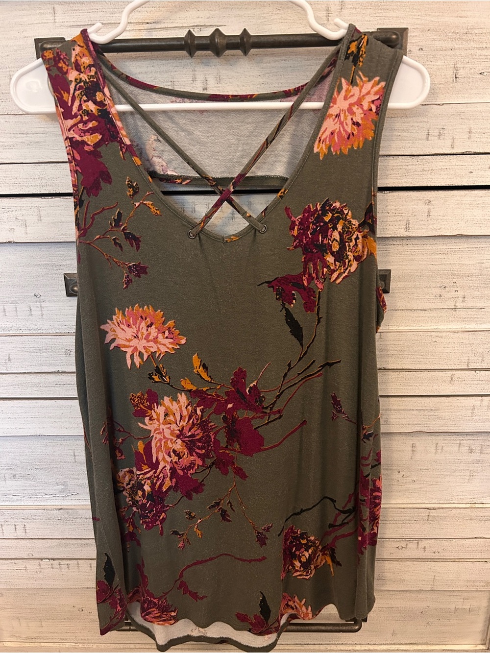 Women’s Olive Floral Crisscross Tank Top